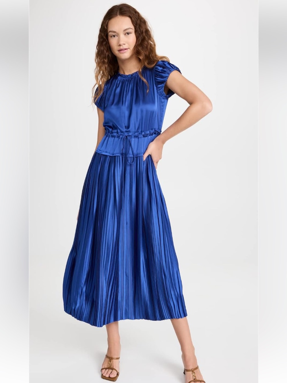 Rebecca Taylor Royal Blue Satin Pleated Midi Dress